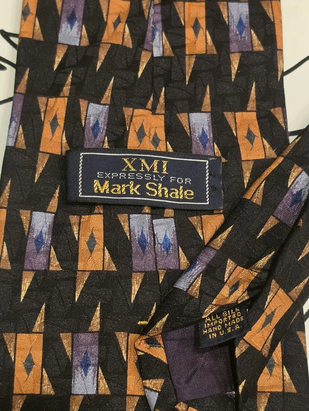 Vtg XMI Mark Shale Mens Silk Tie Geometric Black Orange Blue USA Handmade